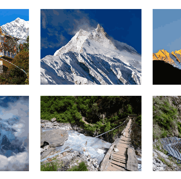 Manaslu Circuit Trek highlights with Mt. Manaslu, Larke La Pass, monasteries, bridges, and glacial lakes.