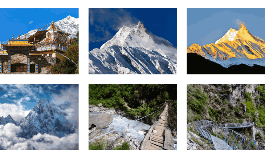Manaslu Circuit Trek highlights with Mt. Manaslu, Larke La Pass, monasteries, bridges, and glacial lakes.
