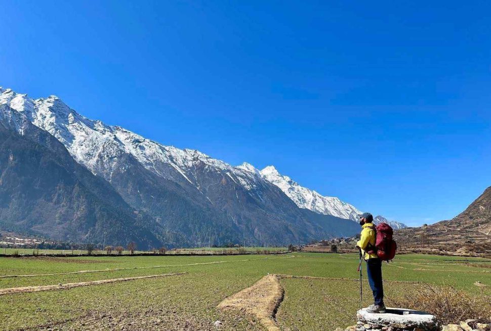 Trekker standing on a stone wall in Tsum Valley with vast green fields and snow-covered mountains.