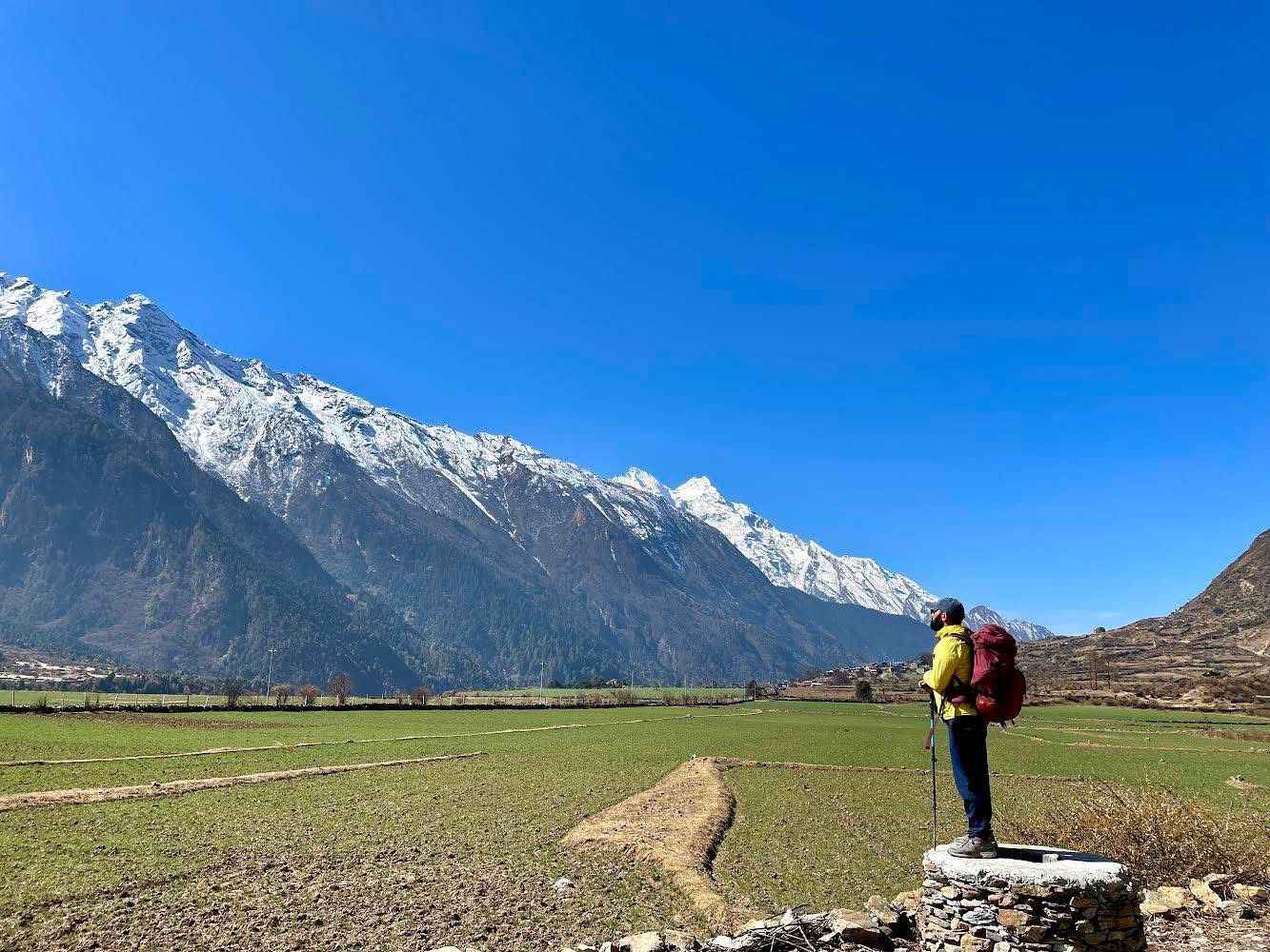 Trekker standing on a stone wall in Tsum Valley with vast green fields and snow-covered mountains.