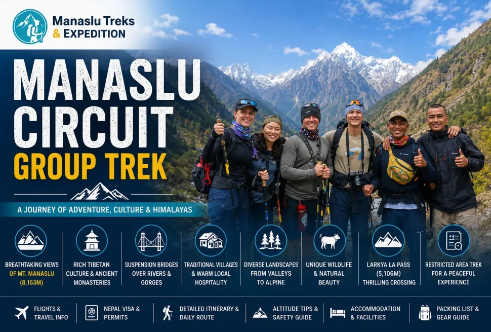 The Manaslu Circuit Group Trek is a guided trekking journey around Mount Manaslu, the eighth highest mountain in the world at 8163 meters. The trail passes through the remote Budhi Gandaki valley, traditional Gurung and Tibetan villages, dense forests, alpine landscapes, ancient monasteries, and the spectacular Larkya La Pass at 5106 meters before reaching the Annapurna region. Compared to the busier trekking routes in Nepal, the Manaslu region offers a more peaceful and authentic Himalayan experience. Trekkers walk together through remote mountain villages while experiencing local culture, dramatic scenery, and one of the most beautiful trekking routes in the Himalayas. The group trekking experience also creates a strong connection among trekkers from different countries. Many travelers exchange trekking experiences, mountain travel stories, local culture, and personal adventures during the journey. Walking together for many days in the Himalayas naturally creates friendships and unforgettable memories along the trail. The Manaslu Circuit Group Trek is ideal for trekkers looking for a well organized Himalayan adventure with experienced local guides, cultural immersion, mountain scenery, and the opportunity to connect with fellow trekkers during the journey.