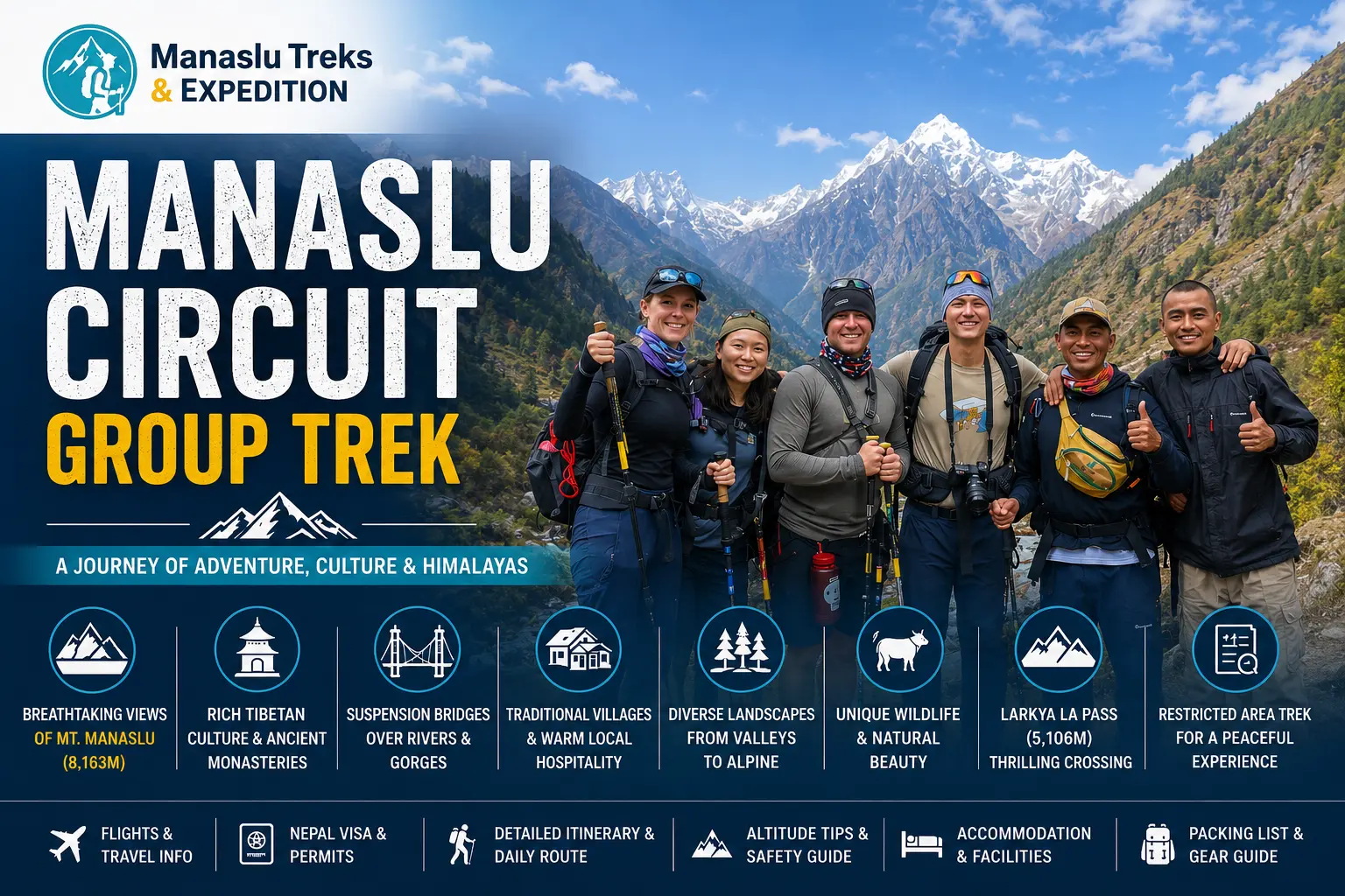 The Manaslu Circuit Group Trek is a guided trekking journey around Mount Manaslu, the eighth highest mountain in the world at 8163 meters. The trail passes through the remote Budhi Gandaki valley, traditional Gurung and Tibetan villages, dense forests, alpine landscapes, ancient monasteries, and the spectacular Larkya La Pass at 5106 meters before reaching the Annapurna region. Compared to the busier trekking routes in Nepal, the Manaslu region offers a more peaceful and authentic Himalayan experience. Trekkers walk together through remote mountain villages while experiencing local culture, dramatic scenery, and one of the most beautiful trekking routes in the Himalayas. The group trekking experience also creates a strong connection among trekkers from different countries. Many travelers exchange trekking experiences, mountain travel stories, local culture, and personal adventures during the journey. Walking together for many days in the Himalayas naturally creates friendships and unforgettable memories along the trail. The Manaslu Circuit Group Trek is ideal for trekkers looking for a well organized Himalayan adventure with experienced local guides, cultural immersion, mountain scenery, and the opportunity to connect with fellow trekkers during the journey.