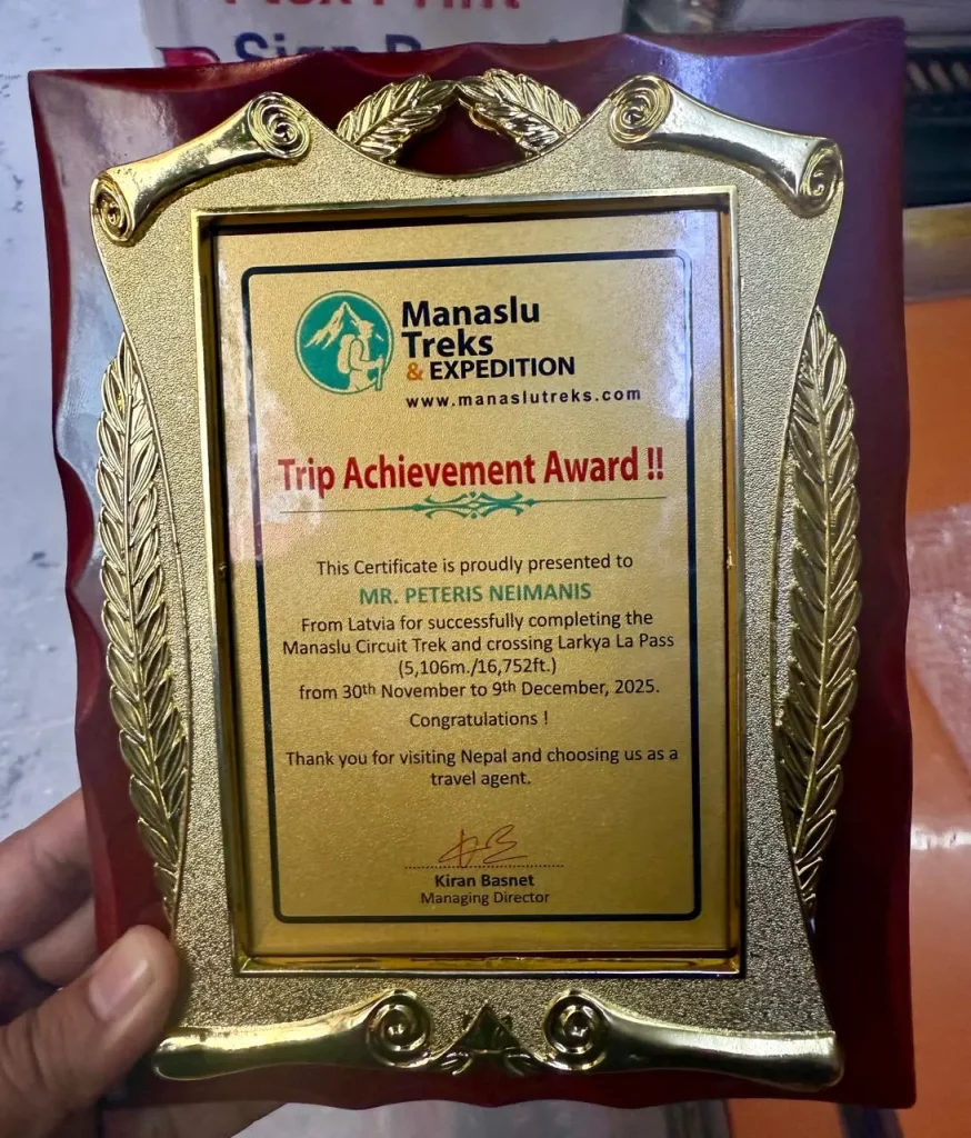 Peteris Neimanis, Shrot Manaslu Circuit Trek, Trip certificate