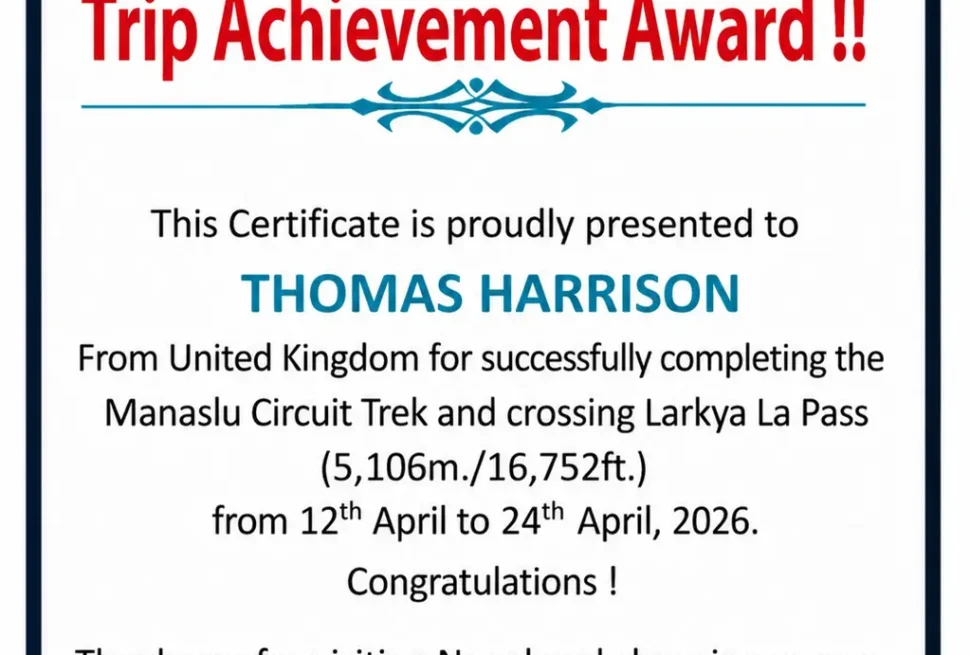 13 Day Manaslu Circuit Trek trip Certificate