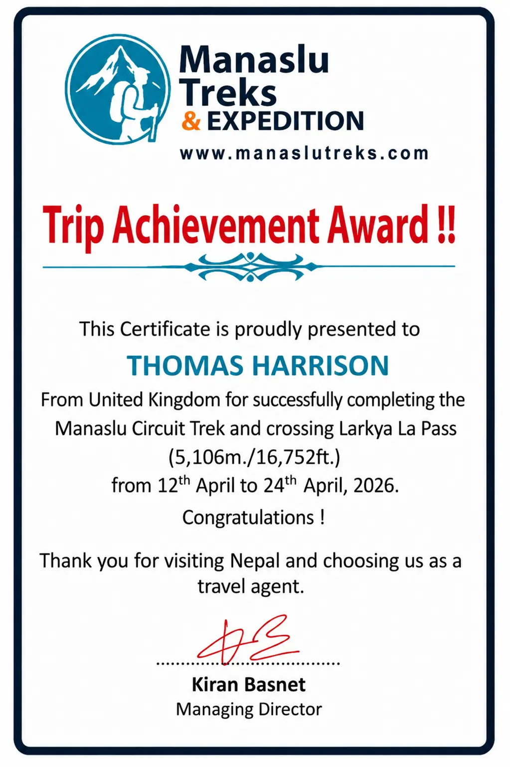 13 Day Manaslu Circuit Trek trip Certificate