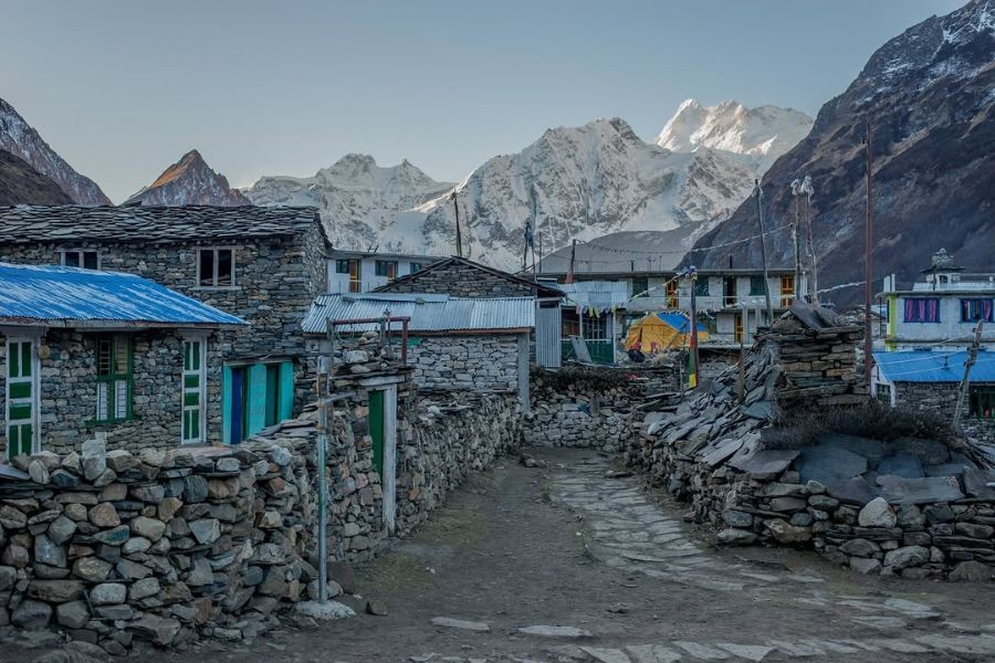 Shyala Village in the Manaslu region of Nepal with Himalayan mountain views