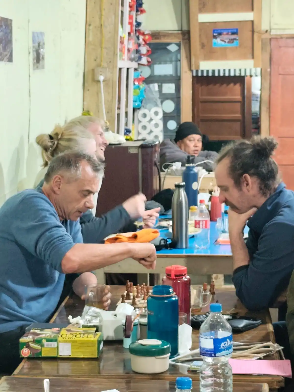 our guest gunther he is 63 year old he did Manaslu tsum valley trek , He plyaing chess game with others trekker